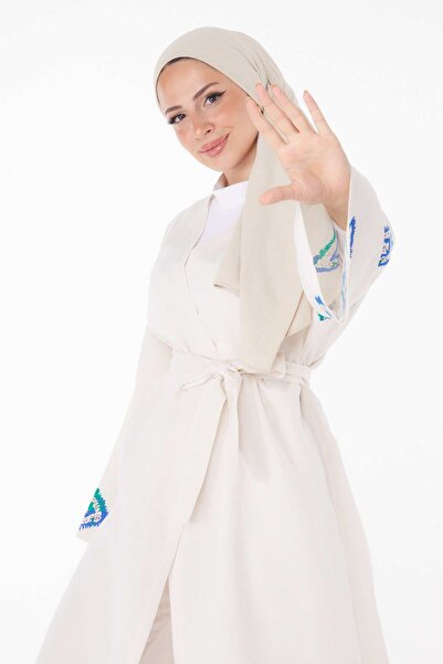 TOFİSA Women's Blue Kimono and Trousers Double Suit - Straight Jacket Collar - 13193