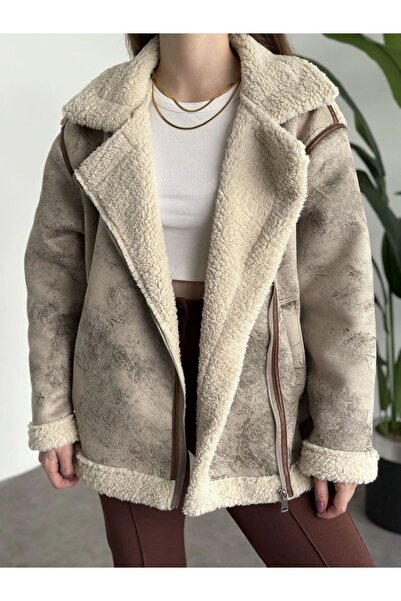 VESS MODA Γυναικείο παλτό από μαλακό δερμάτινο παλτό με παρδαλό λεπτομέρεια, μακρύ κομψό κρεμ