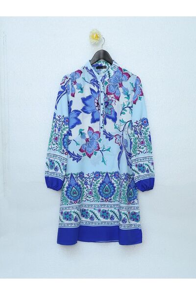 HİJABAYA Cotton Viscose Tunic - Floral Pattern, Half Button
