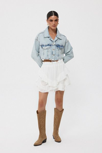 Seda Yalçın Atelier Light Blue Crop Denim Jacket with Stone Detail