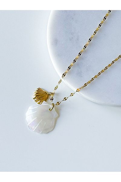 CHARMLUCKY Steel Pearl Stone Sea Shell Charm Necklace