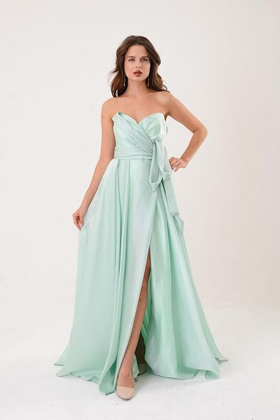 SpringStore Rochie de seară din satin - mentă fără bretele și fundă