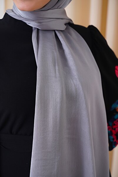 Octopus Abiye Janjan Parlak Saten Dokulu Tesettür Abiye Şifon Gümüş Gri Şal