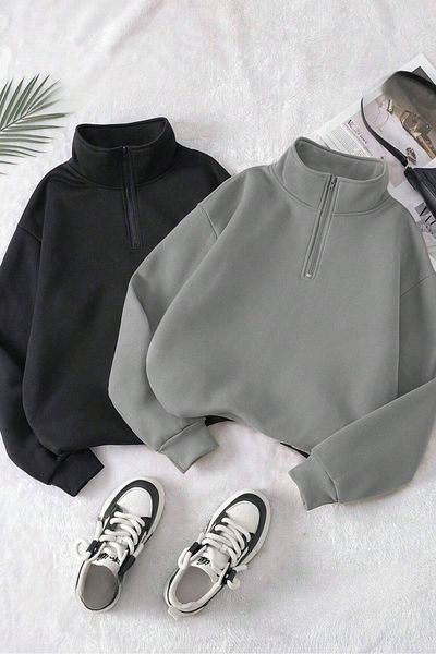 Know Női 3 szálú füstölt fekete oversize félcipzáras 2 részes pulóver szett