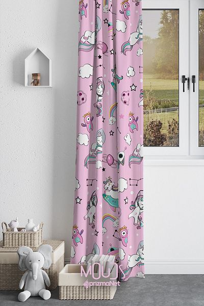 Moud's Pink Unicorn Patterned Children's and Baby's Room - Suede Digital Printed, Extra-For Drawstring, Single Wing