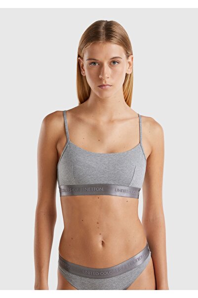 United Colors of Benetton Anthracite Logo Banded Cotton Blended Thin Strap Women's Bra