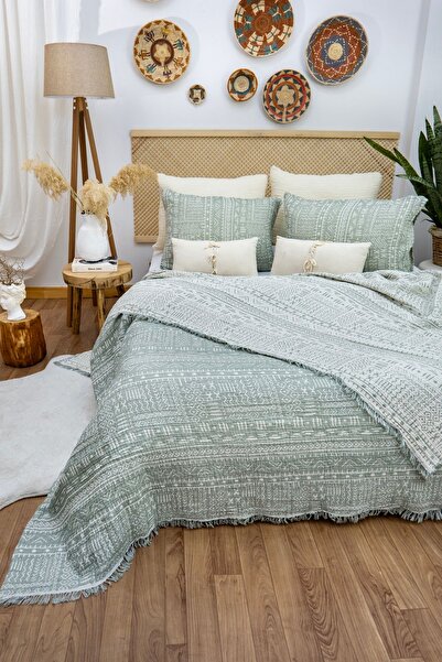 destinyhometex Aztek Desen Battal Boy 240x260cm Yatak Örtüsü/2 Adet 50x70cm Yastık 4 Katlı Multi Muslin %100 Pamuk