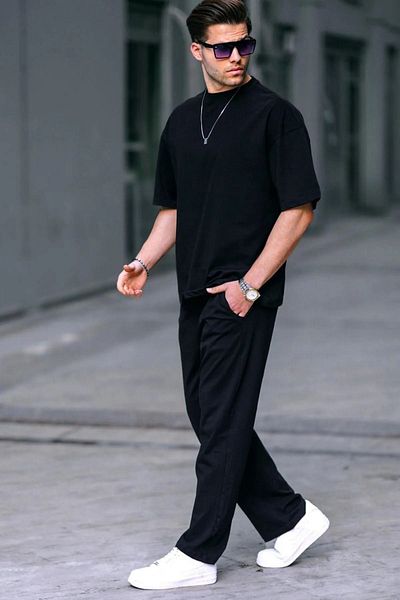 NO 601 Black Viscose Men's T-Shirt and Sweatpants Set - Comfortable Fit