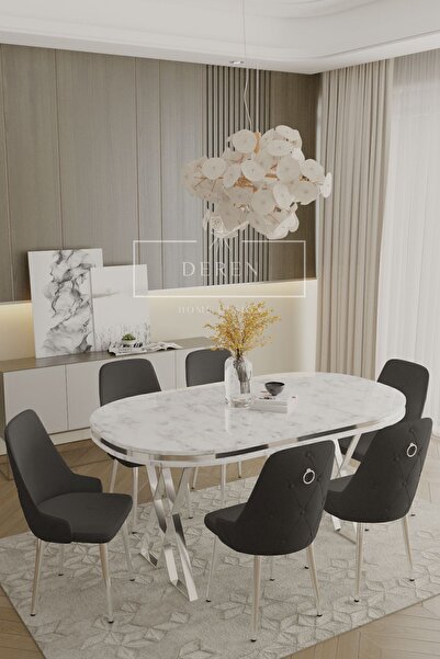 DEREN HOME Nil Serisi Lak Panel Beyaz Renk Masa 90x168 Krom Metal Ayak Masa T...