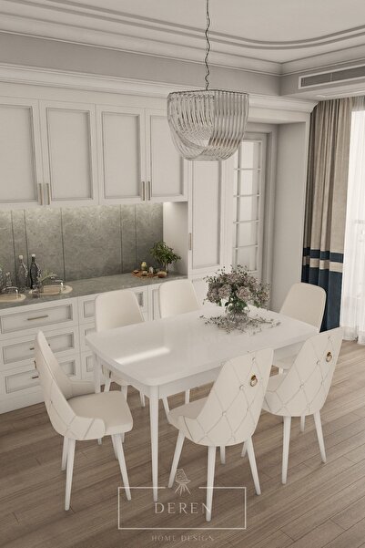 DEREN HOME Fier Serisi Mutfak ve Salon Yemek Masası Takımı + 6 Adet Krem Sandalye