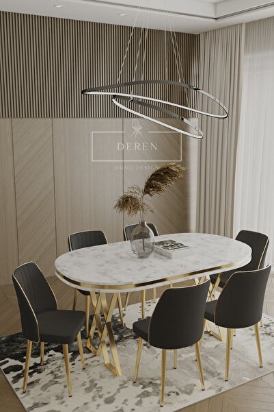 DEREN HOME Lam Serisi Mdf Lak Masa 90x168 Gold Metal Ayak 6 Adet Siyah Baby F...