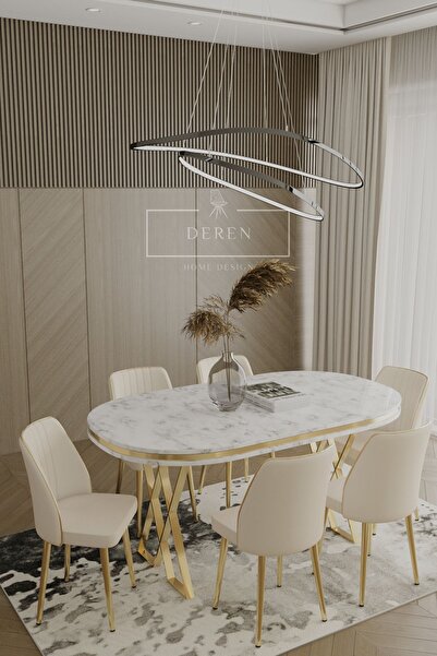 DEREN HOME Lam Serisi Mdf Lak Masa 90x168 Gold Metal Ayak 6 Adet Krem Baby Fa...