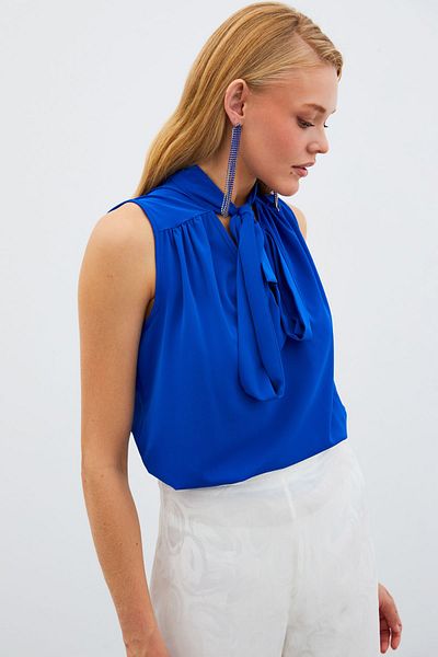 Sateen Bluză fără mâneci cu eșarfă - Sax Blue
