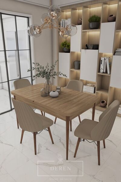 DEREN HOME Mabel Serisi, 80x132 Mutfak Ve Salon Yemek Masası Takımı + 4 Adet ...