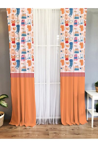 Evmila Kedi Desenli Bebek Ve Çocuk Odası Tek Kanat Fon Perde - Turuncu