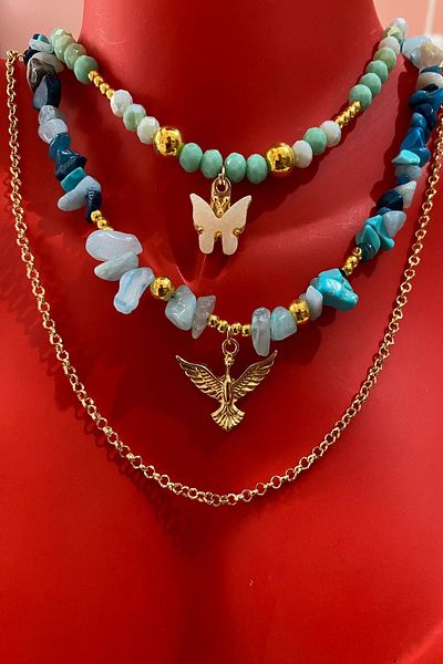 Bourgogne2021 Stainless Triple Natural Stone Necklace Set for Women - Broken Color