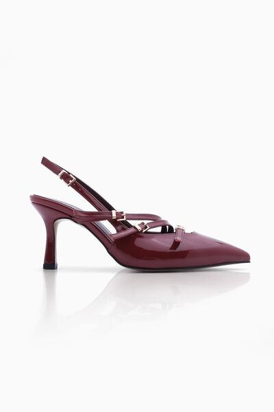 Marjin Women's Pointed Toe Three-Banded Belt Detail Open Back Classic Heeled Shoes Bevil Claret Red Patent Leather