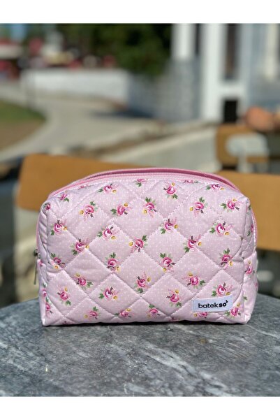 Batekso Toz Pembe Gül Desenli Makyaj Çantası - Büyük Boy