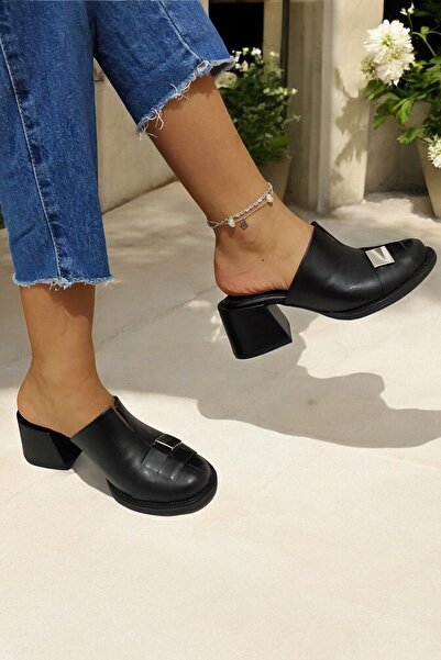 ERS Air Comfort Kadın Hakiki Deri Siyah Şık Topuklu Terlik Sabo Önü Kapalı To...