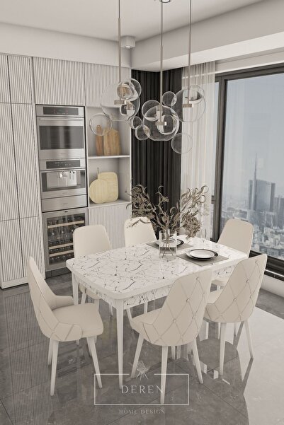 DEREN HOME Prestij Serisi Mutfak Ve Salon Masa Takımı 6 Adet Krem Sandalye + ...