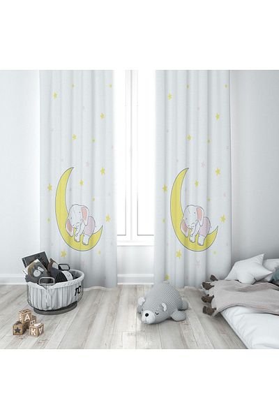 Lolla Sleeping Elephant on the Moon White Background Curtain 71