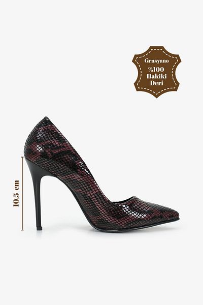 Grasyano 100% Genuine Leather Snake Pattern Cherry Black Handmade A Quality Comfortable Thin Stiletto Heeled Shoes
