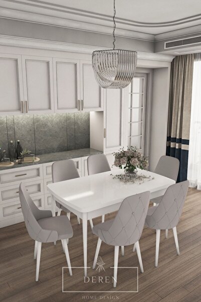 DEREN HOME Luna Serisi, 80x132 Açılabilir Mdf Mutfak Ve Yemek Masası Takımı 6...