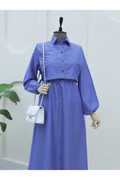 HİJABAYA Ριγέ μακρύ φόρεμα - γιακάς πουκαμίσου και λεπτομέρεια μπολερό