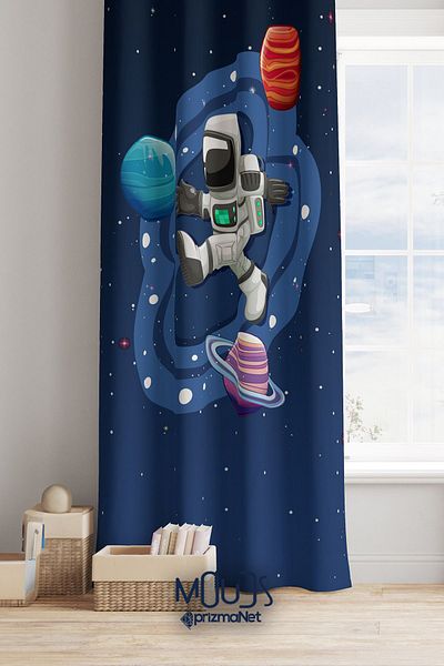Moud's Astronaut Patterned Suede Background Curtain - Children's and Baby's Room, Digital Printed Extra String, Single Wing