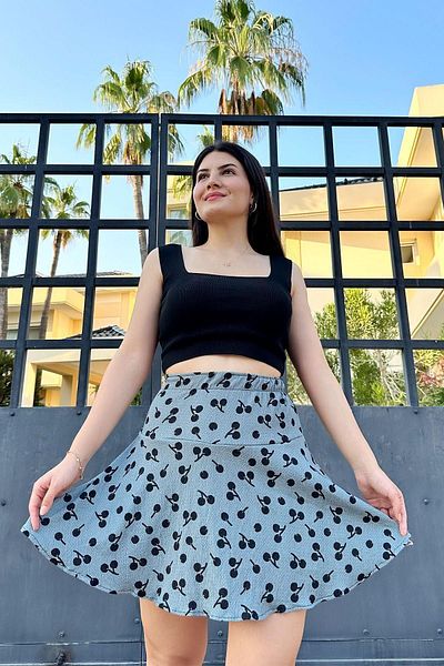 İpli Pantaloni scurți de fustă cu model de culoare albastră cu țesătură înfășurată
