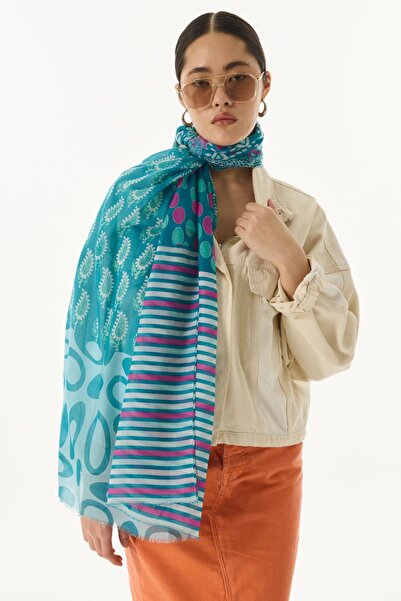 FENZA SCARF Ethnic Floral Patterned Turquoise Cotton Adalie Shawl