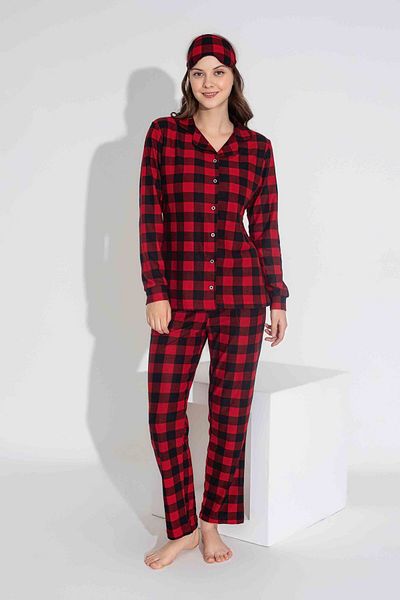 Tarık Women's Red Square Patterned Front Buttoned Mother and Daughter Suede Velvet Winter Warm Pajamas Set