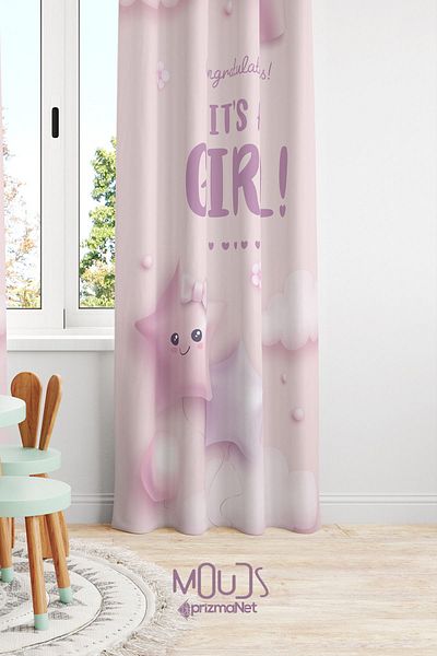Moud's Girl Patterned Pink Suede Background Curtain - Children's and Baby's Room, Digital Printed Extra-For Drawstring, Single Wing