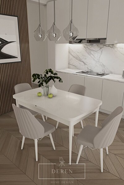 DEREN HOME Alfa Serisi, 80x132 Açılabilir Mdf Mutfak Ve Yemek Masası Takımı 4...