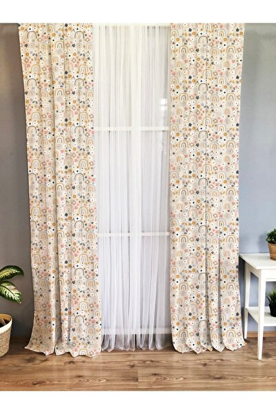 Evmila Çiçek Baskılı Bebek Ve Çocuk Odası Tek Kanat Fon Perde - Bej