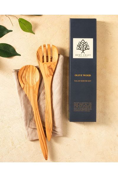 Demy Craft Olive Tree 30 Cm. Salad Serving Set, Wooden Spoon and Fork Handmade