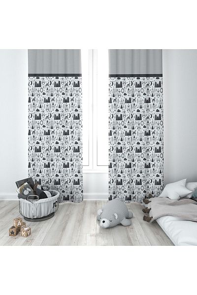 Lolla Teddy Bears Figured Gray Background Curtain 227