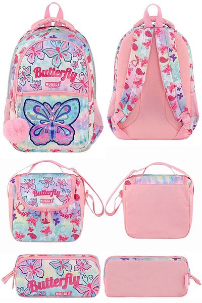 MUGGLE Geantă pentru școală primară cu colecția Butterfly - Geantă pentru nutriție și creion cu trei compartimente 9036SET