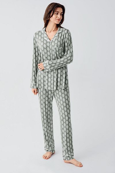 Artış Flexible Lycra Viscous Pajama Set - Long Sleeve and Buttoned