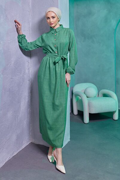 Bold Grup Γυναικείο λινό φόρεμα με κουμπιά με ελαστική μέση