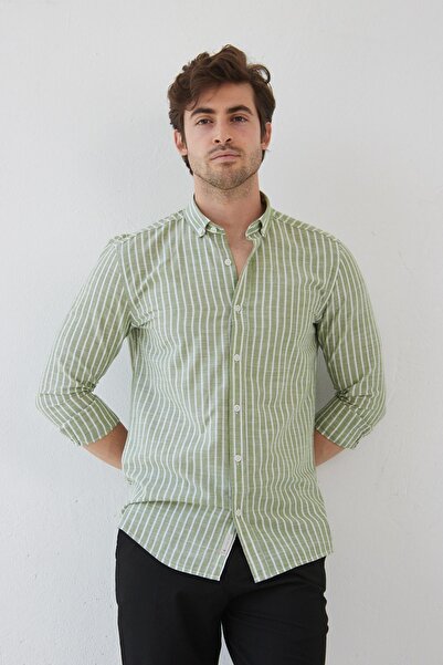 RAVANELLI Erkek Uzun Kol Yaka Düğmeli Modern Slim Fit Dar Kesim Çizgili Pamuklu Gömlek