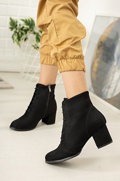 salto ayakkabı Bağcıklı Siyah Süet Yuvarlak Kalıp Bot