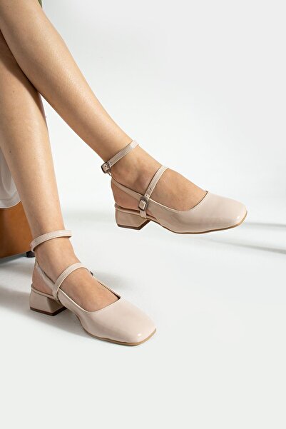 Papuckurdu Γυναικεία Mary Jane Beige λουστρίνι με ανοιχτή πλάτη τετράγωνα δάχ...