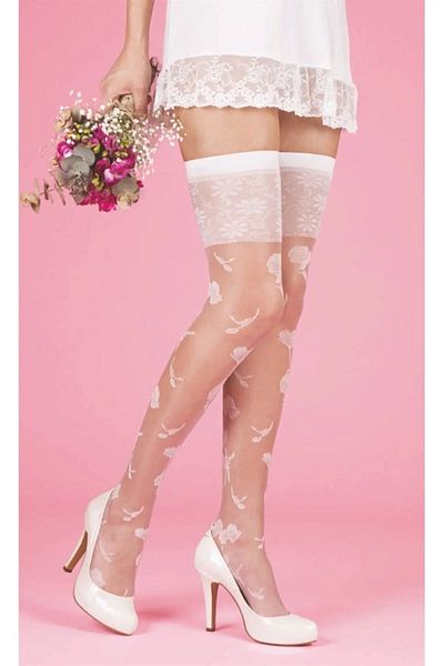 Daymod Women's Cream Color Style Patterned Silicone Free Garter Stockings