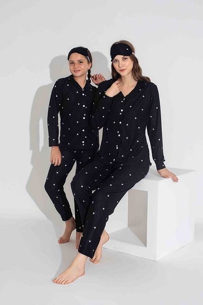 Tarık Women's Star Patterned Front Buttoned Mother Girl Combination Suede Velvet Winter Warm Pajamas Set