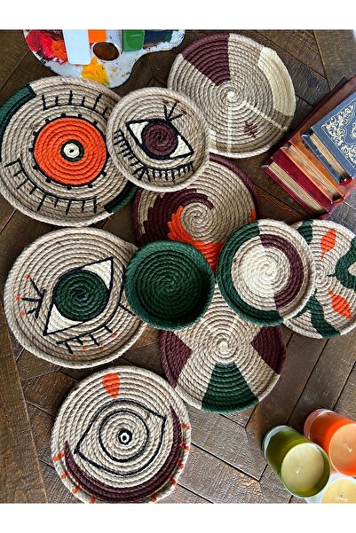 SBN Tasarım Afrika Etnik 10 lu Hasır Tabak Seti Bohem Afrikan Sepeti Duvar De...