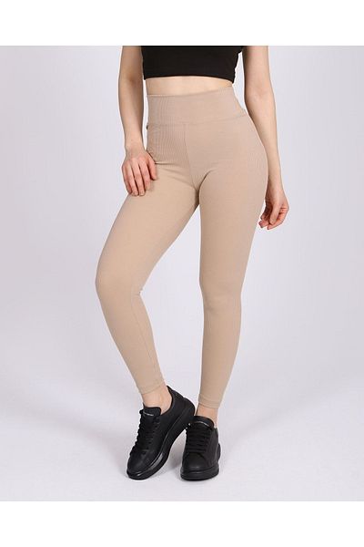 FREE ARSLAN COLLECTİON Jambiere tricotate cu coaste, de damă, bej, cu talie înaltă