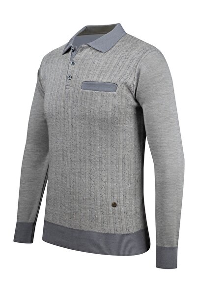 Çizgi Triko Ανδρικό πλεκτό πουλόβερ με ριγέ γιακά πόλο - Διακοσμητικά μπράτσα και λάστιχο μέσης, ατσάλινο πλεκτό - 5005F