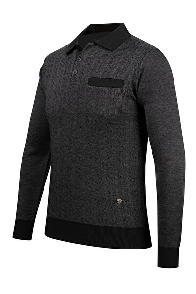 Çizgi Triko Ανδρικό πλεκτό πουλόβερ με ριγέ γιακά πόλο - Διακοσμημένα μπράτσα και ελαστική μέση, ατσάλινο πλεκτό κλασικό σχέδιο - 5005FA