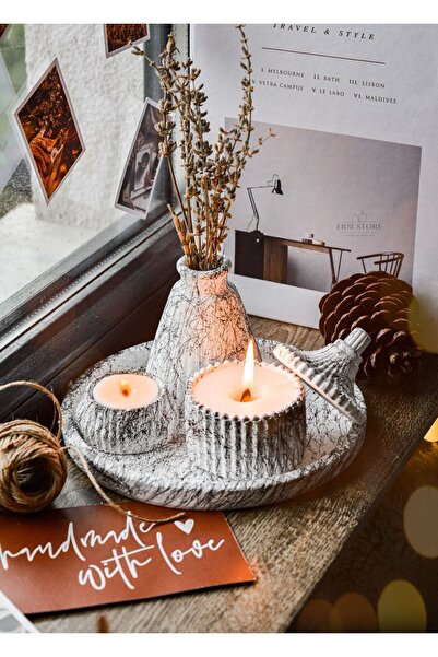 ersu store 5 Parça Mermer Desen Dekoratif Beton Vazo Ve Vanilya Kokulu Soya W...